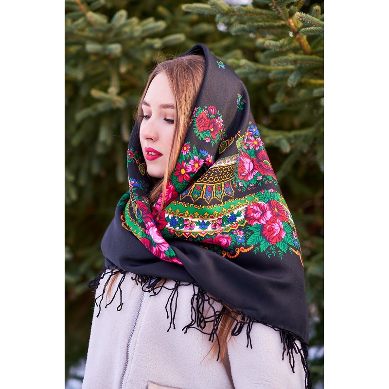 Medium Acrylic Fringed Shawl, Black 50 in.