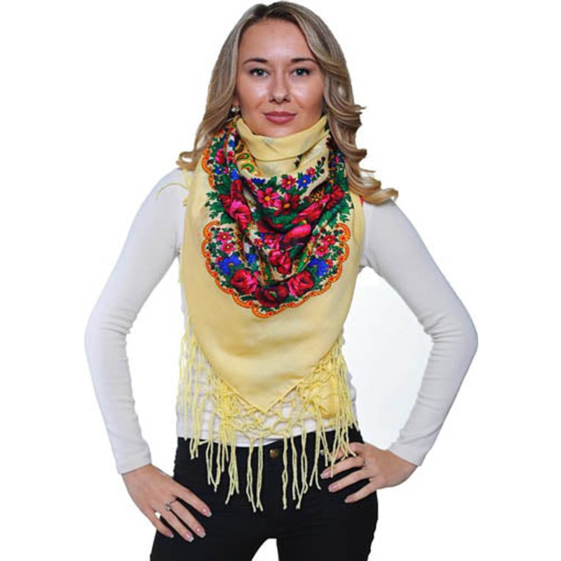 Medium Acrylic Fringed Shawl, Butter Yellow 50 in.