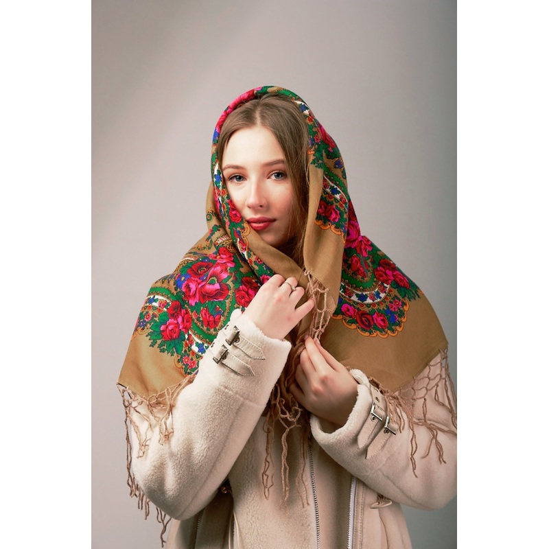 Medium Acrylic Fringed Shawl, Tan 50 in.