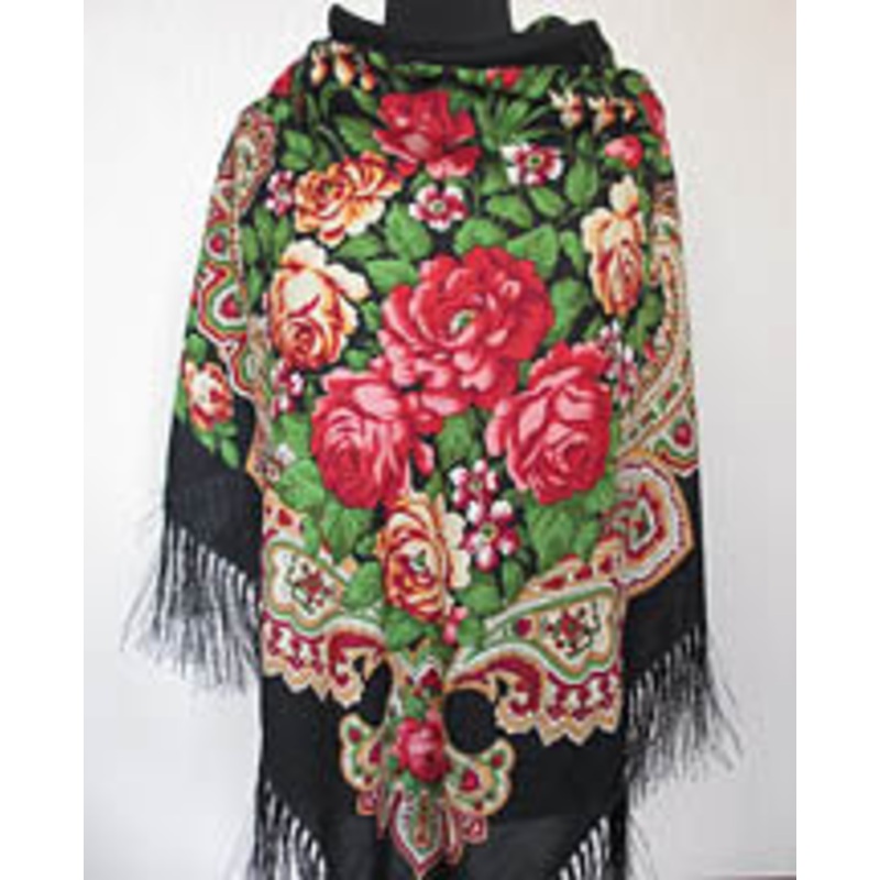 Black Floral Silky Shawl 55 in.