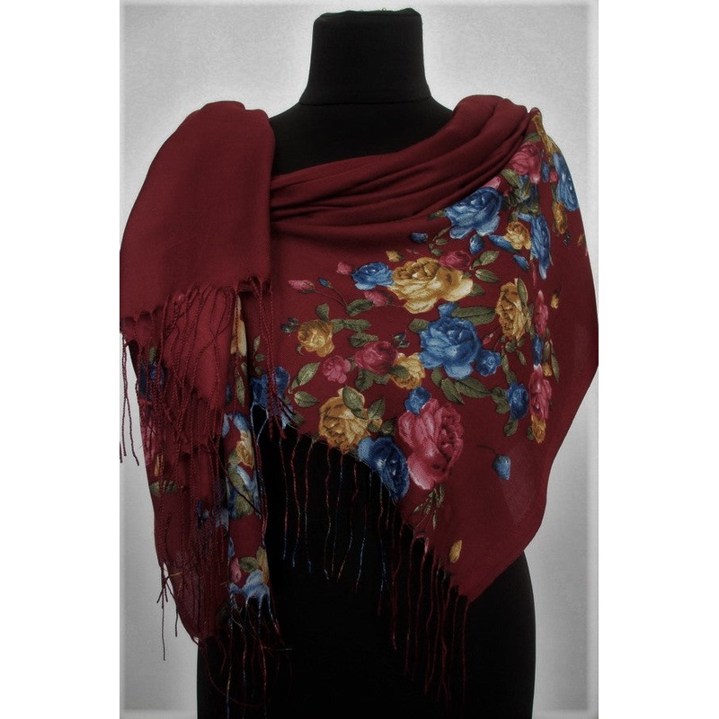 Burgundy Floral Shawl 71×28 in.