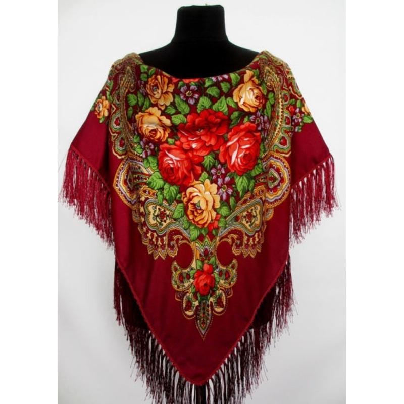 Burgundy Floral Wool-Blend Shawl 48 in.
