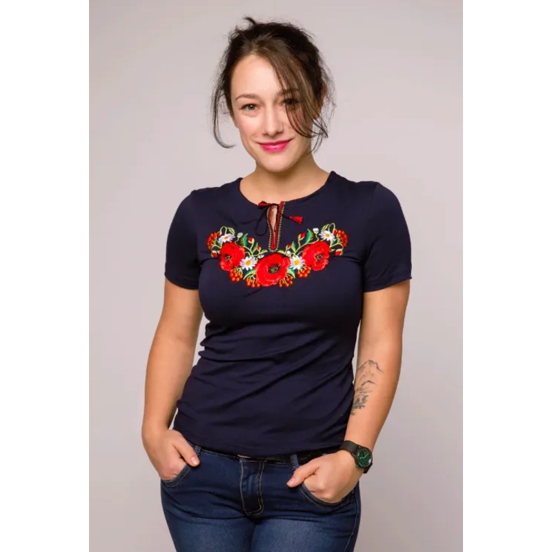 Ladies Poppy Blossom embroidered shirt  Dark blue