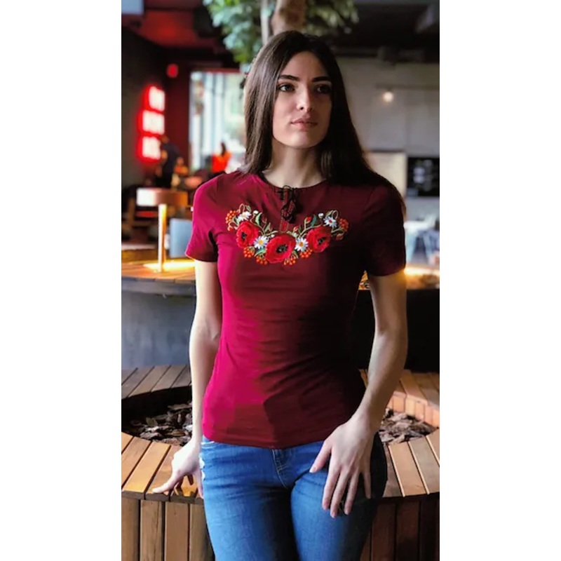 Ladies Poppy Blossom embroidered shirt – wine