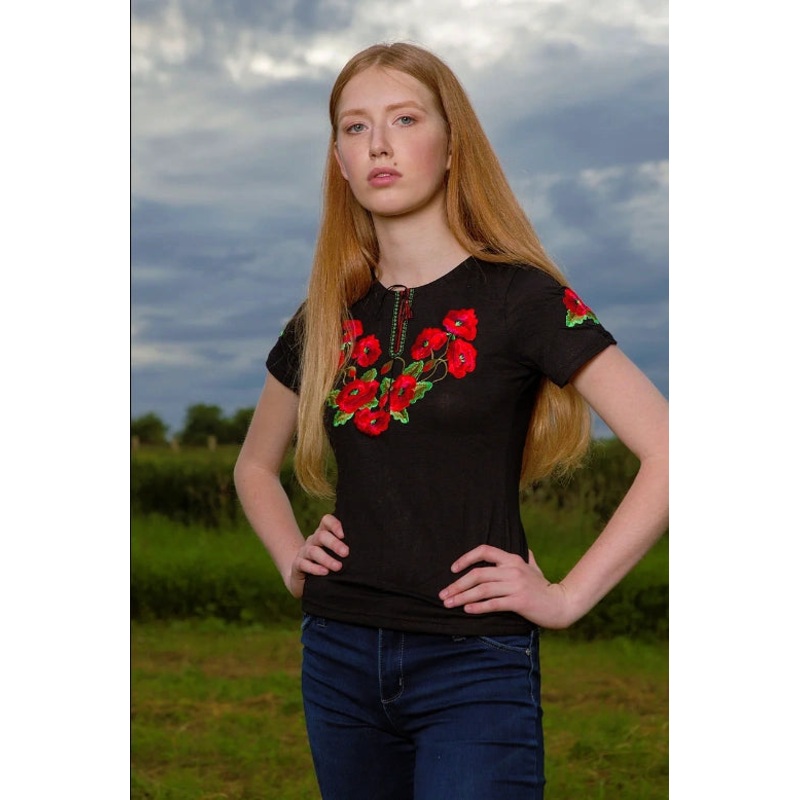 Ladies Poppy Fields embroidered black shirt