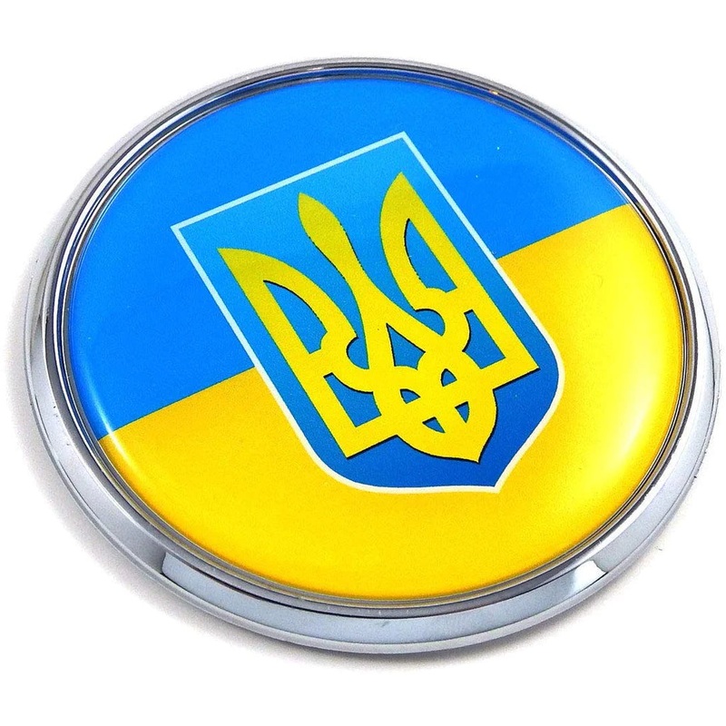 Ukrainian Flag with Trident 2.75 Car Chrome Round Emblem Decal 3D Badge