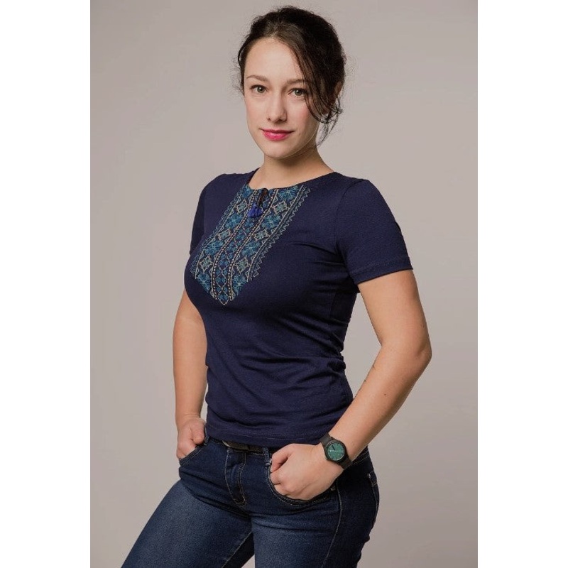 Women’s t-shirt Turquoise merezhka on dark blue