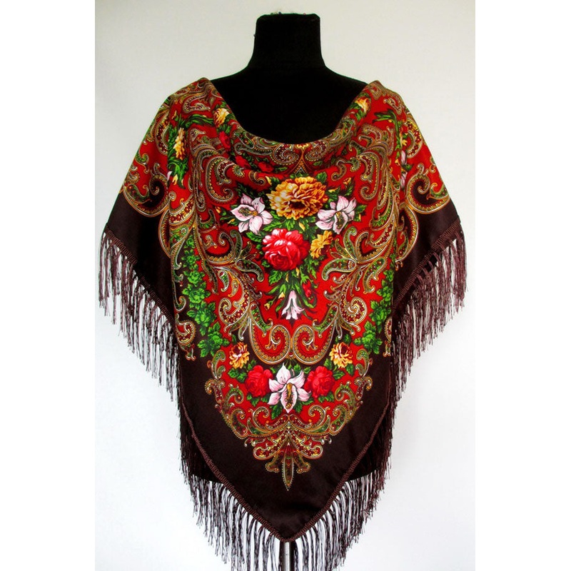 Brown-Red Floral Wool-Silk Shawl 47 in.