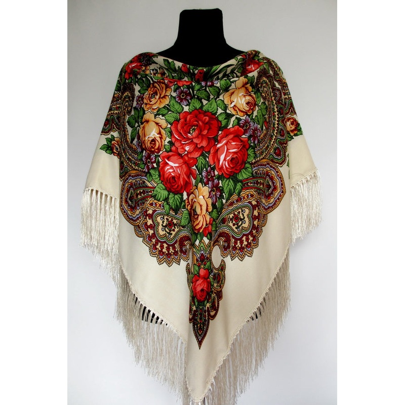 Cream Floral Wool-Silk Shawl 47 in.