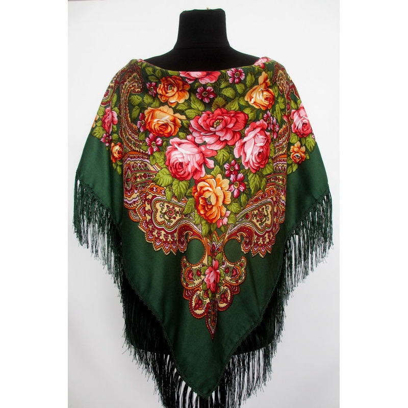 Dark Green Silky Floral Shawl 47 in.