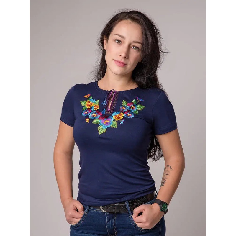 Ladies Bratchyk (pansy) embroidered shirt  Dark blue