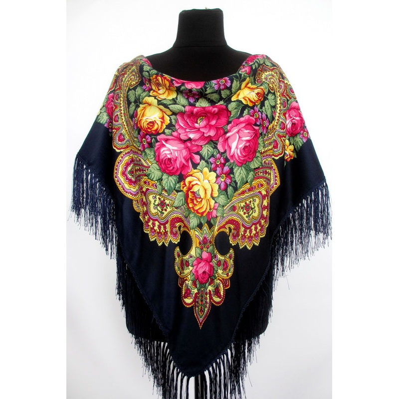Navy Floral Wool-Blend Shawl 48 in.