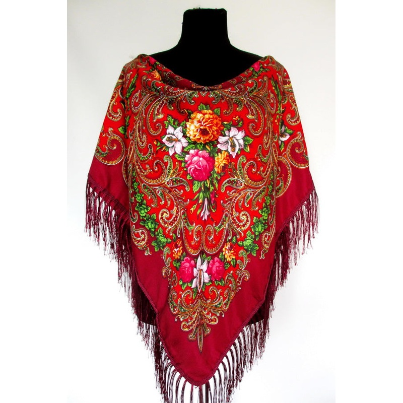 Red Floral Wool-Silk Shawl 47 in.