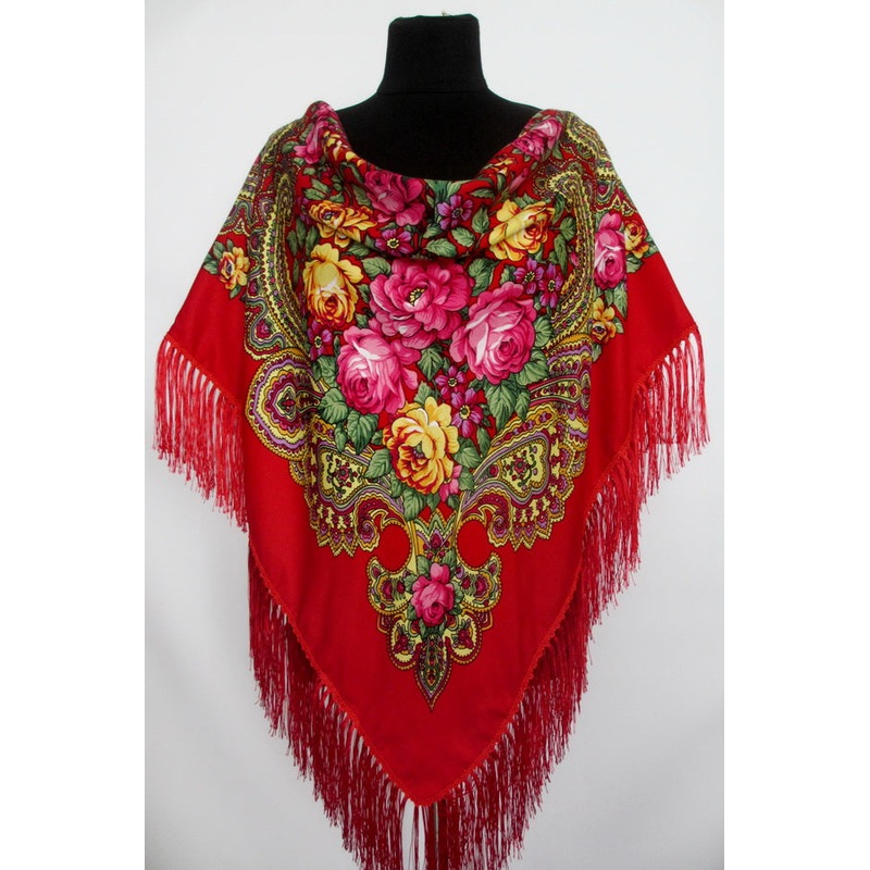 Red Floral Wool-Silk Shawl 48 in.