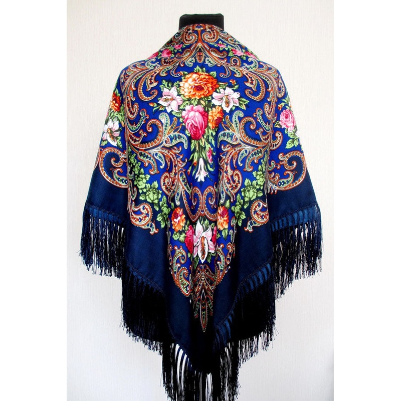 Shades of Blue Floral Shawl 47 in.