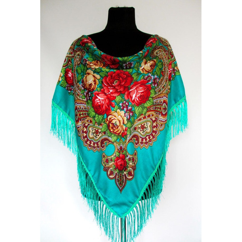 Turquoise Floral Wool-Silk Shawl 47 in.