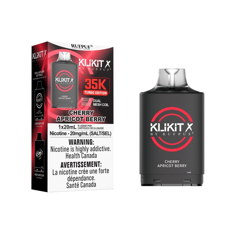 Klikit X 35K Pod|Cherry Apricot Berry|Doc Pep Cherry|Fruit Rancher|G-Super Sour|Green Apple Raspberry|Hi-Mango Pineapple|LT Banana|LT Sour Apple|Peachy Fuz|SKT Wild Berry|Sour Blue Razz Patchy Ice|Sour Cherry B.G|Sour Tropical Patchy Ice|Strawberry Waterm