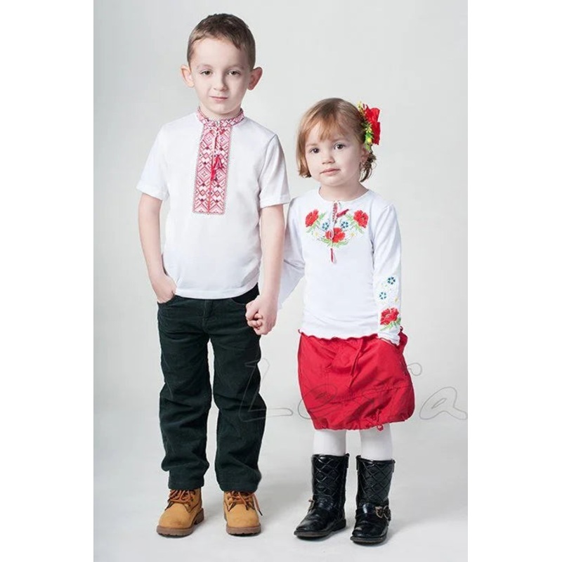 Girls Poppies long-sl shirt red on white