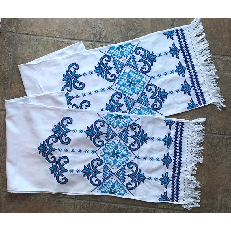 Set of Embroidered Rushnyks with Blue Design 76 in.