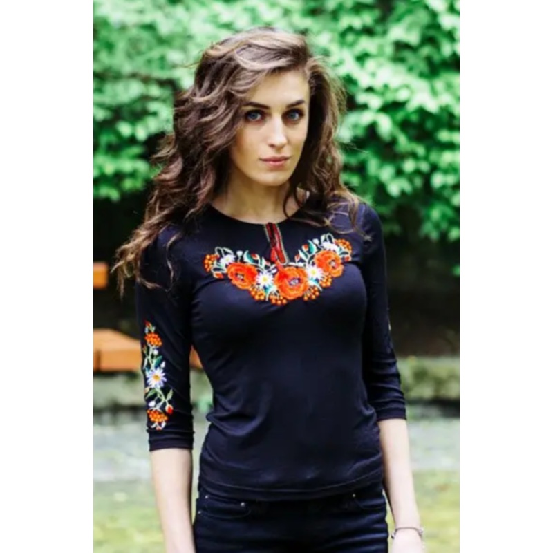 Ladies  sleeve Poppy Blossom (Maky Kalyna) shirt on black