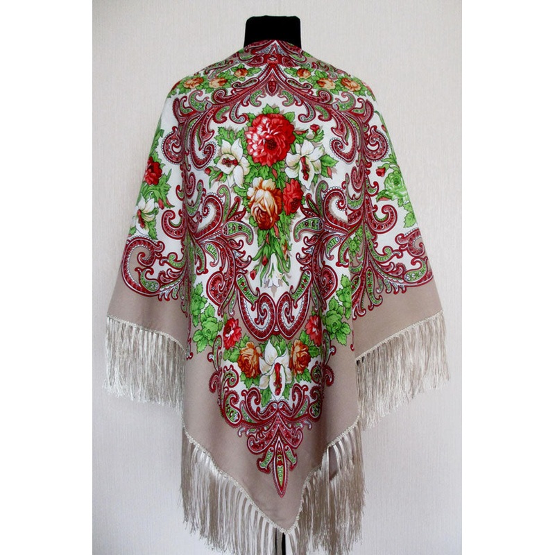 Creamy White & Brown  Floral Silky Shawl 55 in.