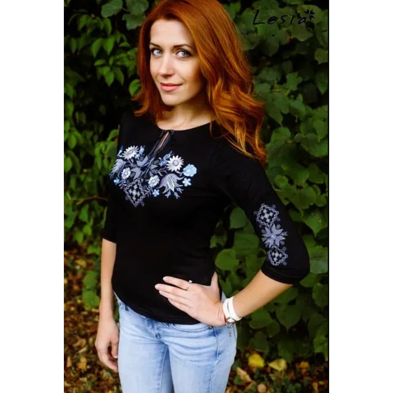 Ladies  sleeve Forest Song shirt lt blue on black