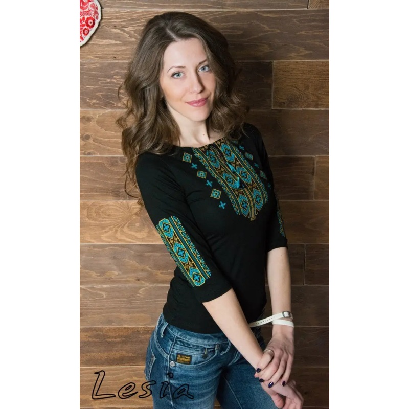 Ladies  sleeve Hutsulka shirt turquoise on black
