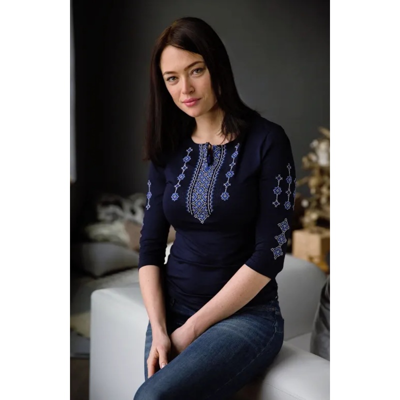 Ladies  sleeve Ornament shirt blue on blue
