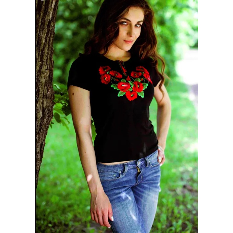 Ladies Poppy Fields embroidered shirt – black