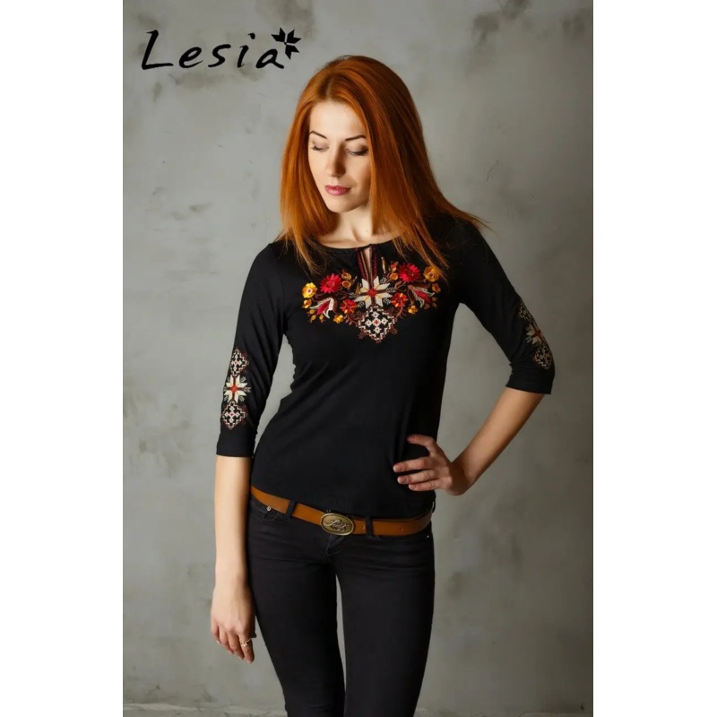 Ladies  sleeve Forest Song shirt gold on black
