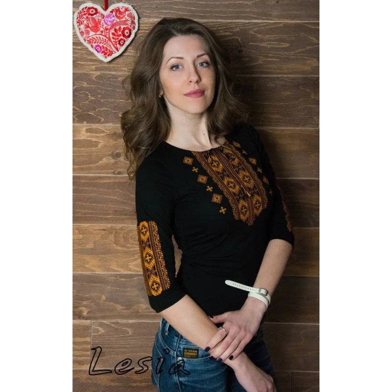 Ladies  sleeve Hutsulka shirt orange on black