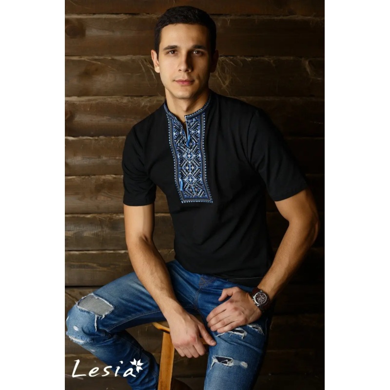 Men’s embroidered light blue on black Karpatska shirt