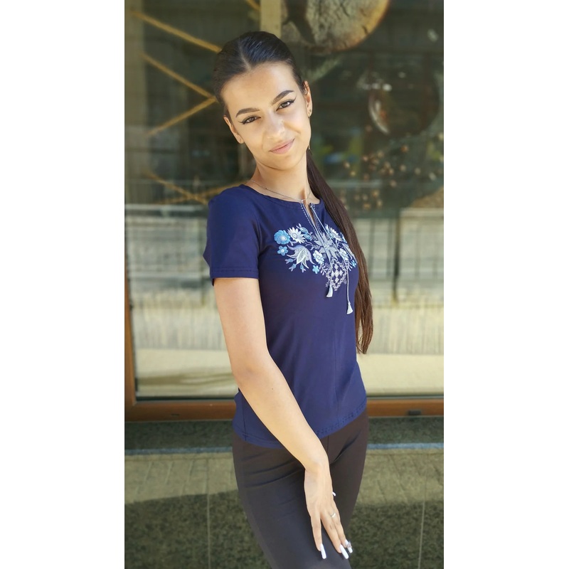 Women’s embroidery The forest song dove on blue – short sleeve