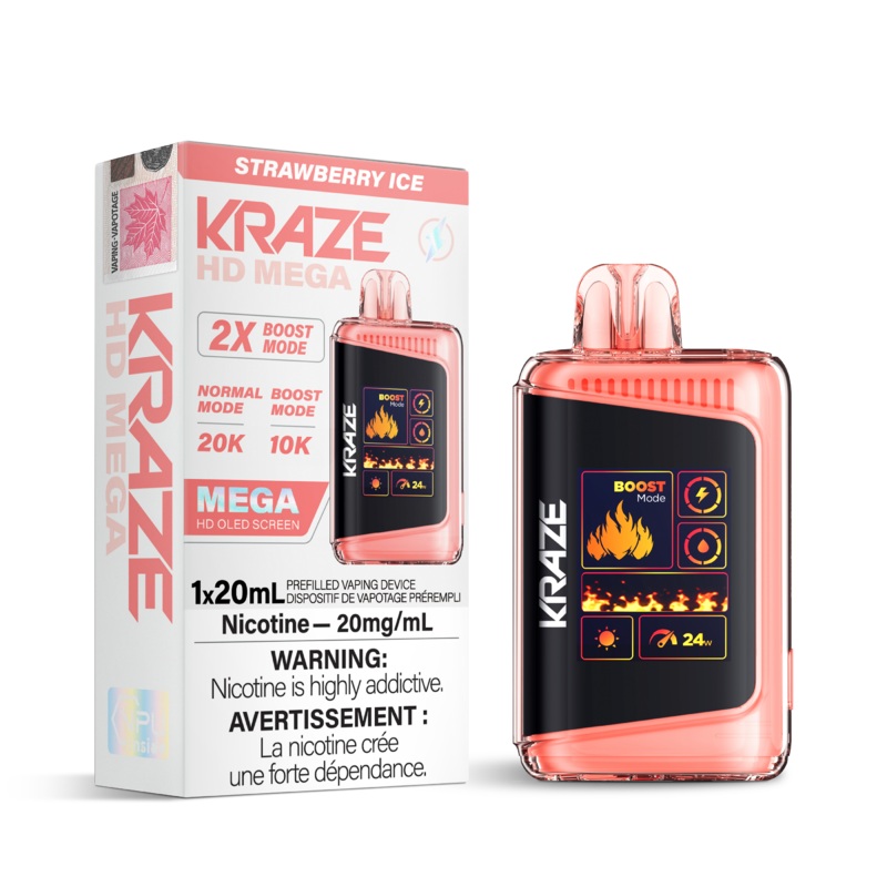 Strawberry Ice by Kraze HD Mega (20000 Puff) 20mL – Disposable Vape [ON]