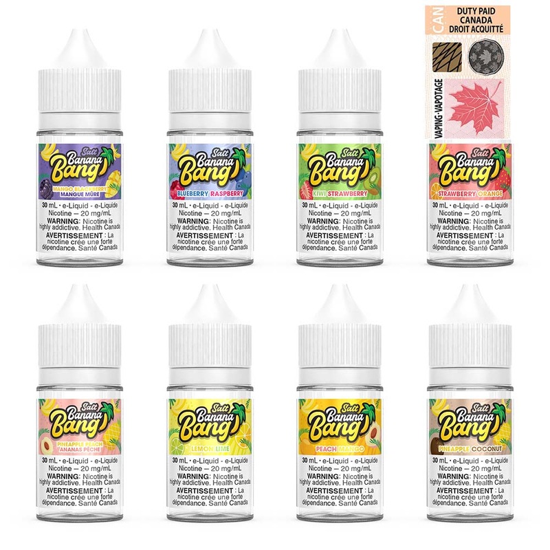 Banana Bang – 30mL SALTS|Apple Grape|Blueberry Raspberry|Kiwi Strawberry|Lemon Lime|Mango Blackberry|Peach Mango|Pineapple Coconut|Pineapple Peach|Strawberry Orange|12mg|20mg|Bold 50|Federal|Provincial