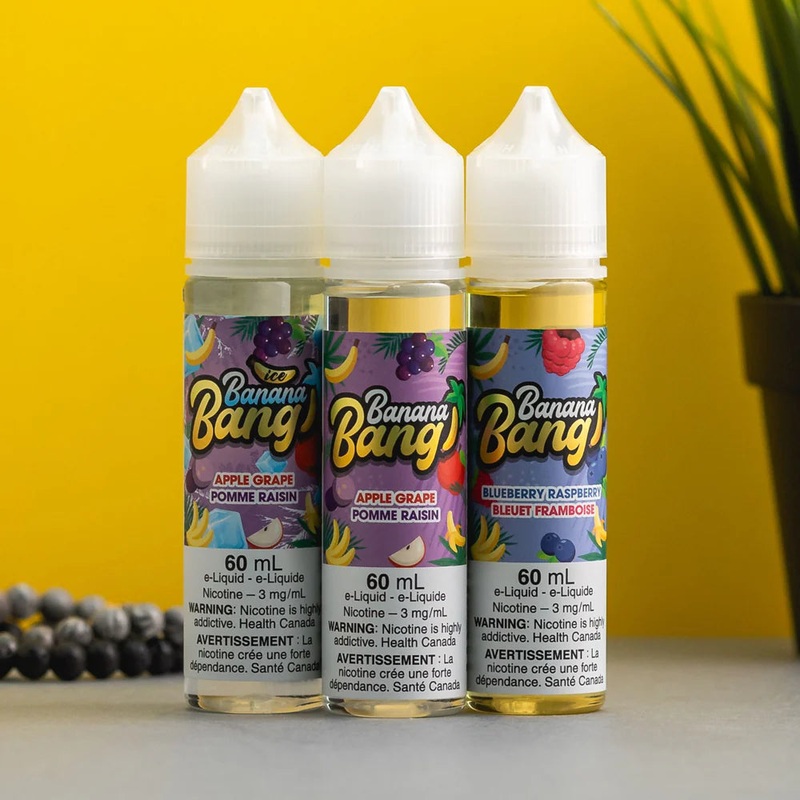 Banana Bang  – 60mL|Apple Grape|Blueberry Raspberry|Blueberry Raspberry ICE|Kiwi Strawberry|Mango Blackberry|Peach Mango|Peach Mango ICE|Pineapple Peach|Pine Apple Peach ICE|Pineapple Coconut|Strawberry Orange|0mg|3mg|6mg|12mg|Federal|Provincial