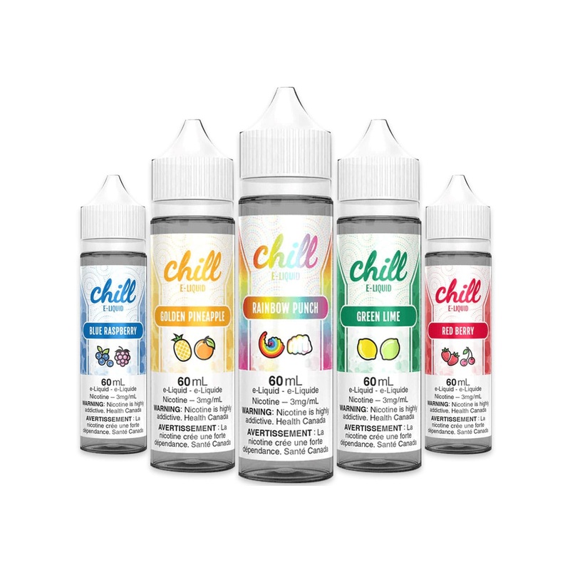Chill E-Liquid- 60ml|Blue Raspberry|Golden Pineapple|Grapefruit Orange|Green Lime|Kiwi Berry|Lemon Grape|Mango Pomegranate|Orange Peach|Pink Dream|Purple Grape|Raspberry Apple|Raspberry Watermelon|0mg|3mg|6mg|12mg|Federal|Provincial