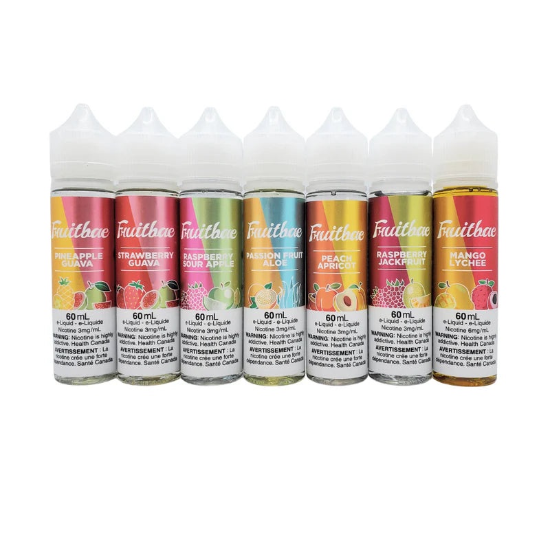 Fruitbae E-Liquid-60ml|Apple Berry|Black Currant Raspberry|Blueberry Kiwi|Fruit Burst|Grapefruit Watermelon|Guava Cactus|Mango Lychee|Mango Peach|Passionfruit Aloe|Peach Apricot|Pineapple Guava|Pomegranate Orange|Raspberry Apple|Strawberry Guava|Strawberr