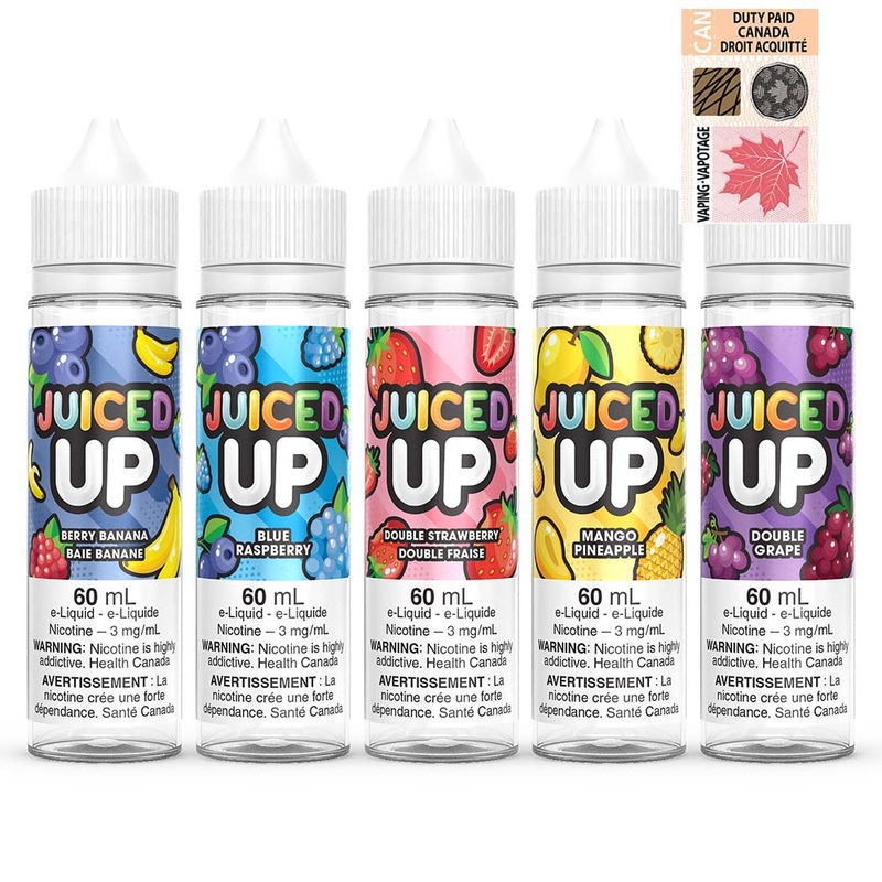 Juiced Up E-Liquid-60ml|Acai Berry|Berry Banana|Blue Raspberry|Cherry Lemon|Double Grape|Double Strawberry|Green Apple|Mango Pineapple|Peached Raspberry|Strawberry|Strawberry Kiwi|Tropical Punch|0mg|3mg|6mg|12mg|Federal|Provincial