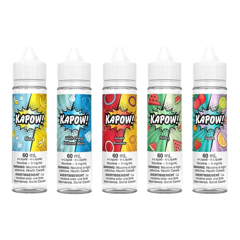 Kapow! E-Liquid-60ml|Belts|Classic|Cloudy|Nana|Off Route|Pix|Purply|Rainbow Express|Rocket Ship|Stick It|Strappy|Super Sour|Squares|White Freeze|0mg|3mg|6mg|Federal|Provincial