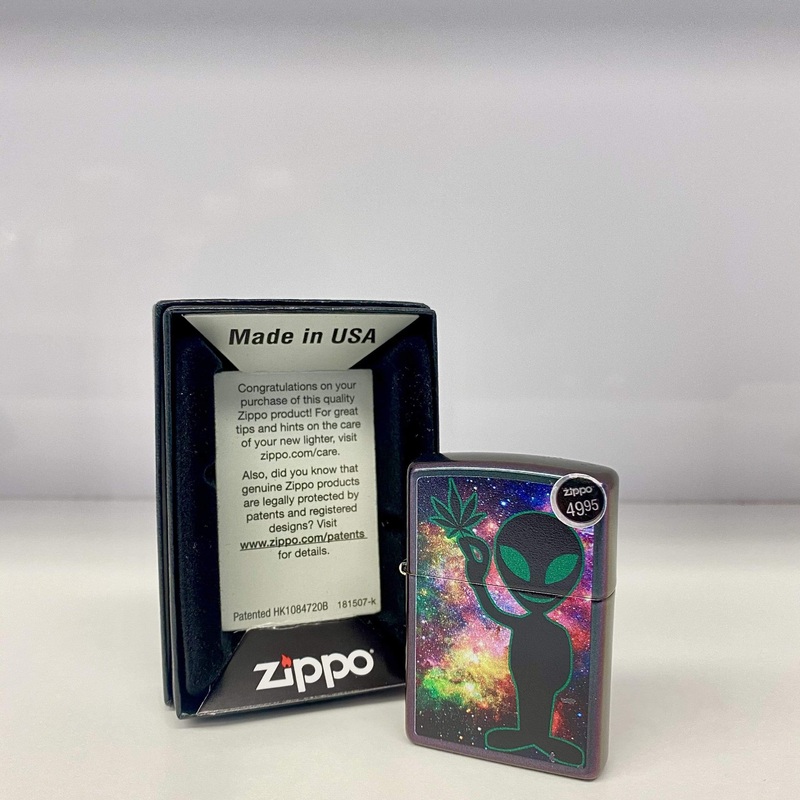 Zippo Lighter-Iridescent Alien with Marijuana Leaf Case
