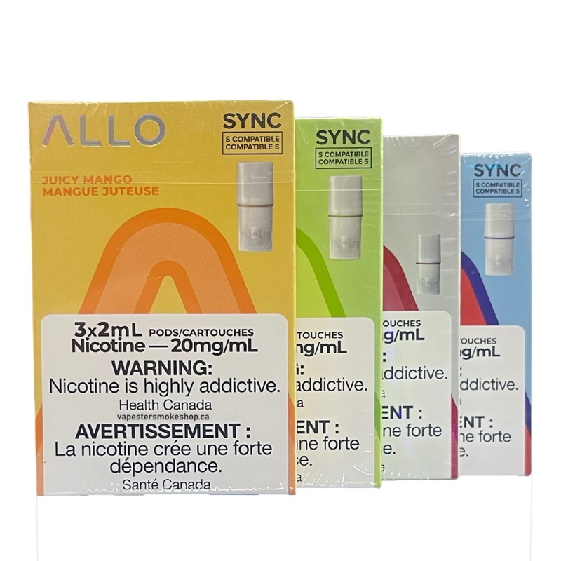 ALLO Sync Pods|Banana ice|Berry Blast|Blackcurrant|Black Currant Lychee Berries|Blueberry Ice|Blue Raspberry Apple|Blue Raspberry Lemon|Blue Raspberry|Blue Raspberry Peach|Capuccino|Classic Tobacco|Flavourless|Fruity Explosion|Frost|Froot B|Fruity Exploti