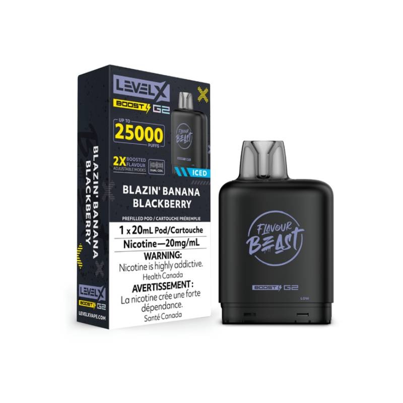 Level X Boost Flavour Beast G2 Pods – Blazin’ Banana Blackberry Iced, 25K Puffs