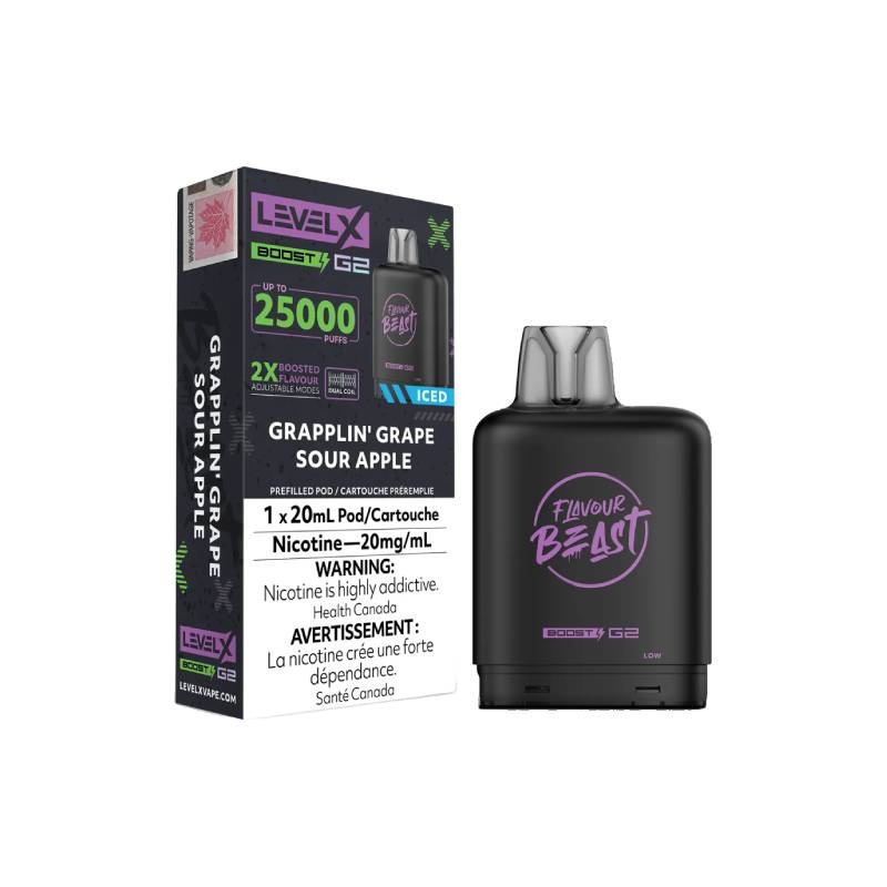 Level X Boost Flavour Beast G2 Pods – Grapplin’ Grape Sour Apple Iced, 25K Puffs