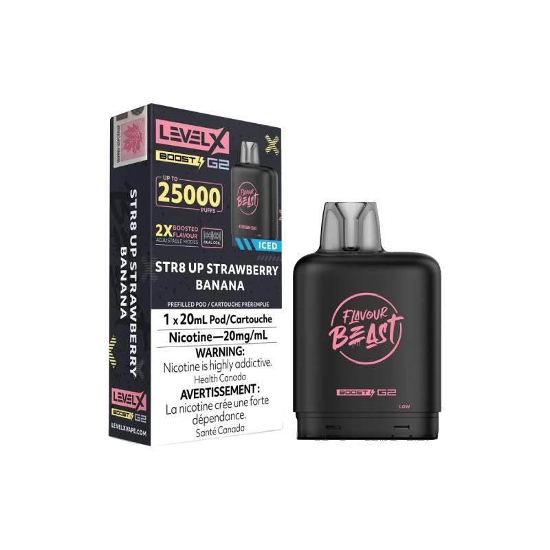 Level X Boost Flavour Beast G2 Pods – Str8 Up Strawberry Banana Iced, 25K Puffs