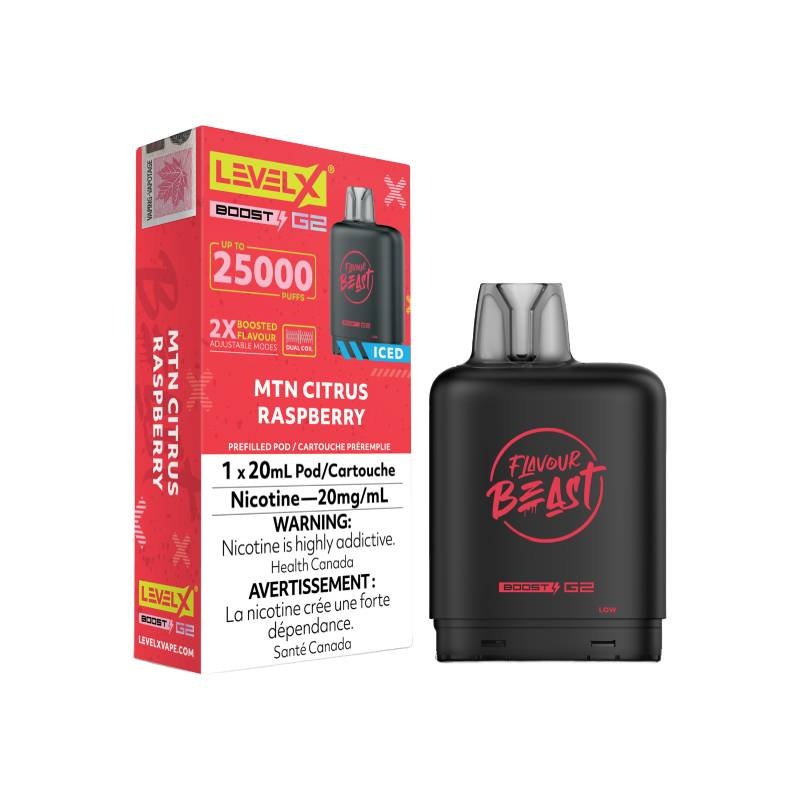 Level X Boost Flavour Beast G2 Pods – Mtn Citrus Raspberry, 25K Puffs