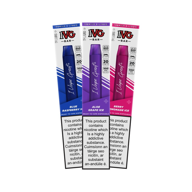 IVG Bar Plus Disposable Kit|Aloe Grape Ice|Berry Lemonade Ice|Blue Raspberry Ice|Butter Cookie|Classic Menthol|Cola Ice|Energy Ice|Exotic Mango|Fuji Apple Melon|Mango Lychee|Passion Fruit|Peach Rings|Pineapple Grapefruit Ice|Pink Lemonade|Polar Mint|Rainb