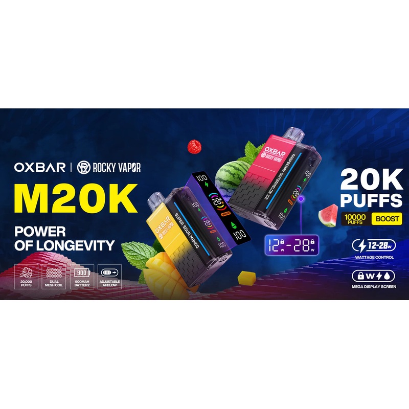 Oxbar M20K|Blue Razz|Peach Canada D|Blue Razz Lemon|Grape Peach|Dragonfruit Lemon|Raspberry Watermelon Ice|Peach Ice|Watermelon GB|Lemon Lime Ice|Grape ice|Strawberry Kiwi Ice|Super Sour|Fresh Mint|Mint BBG