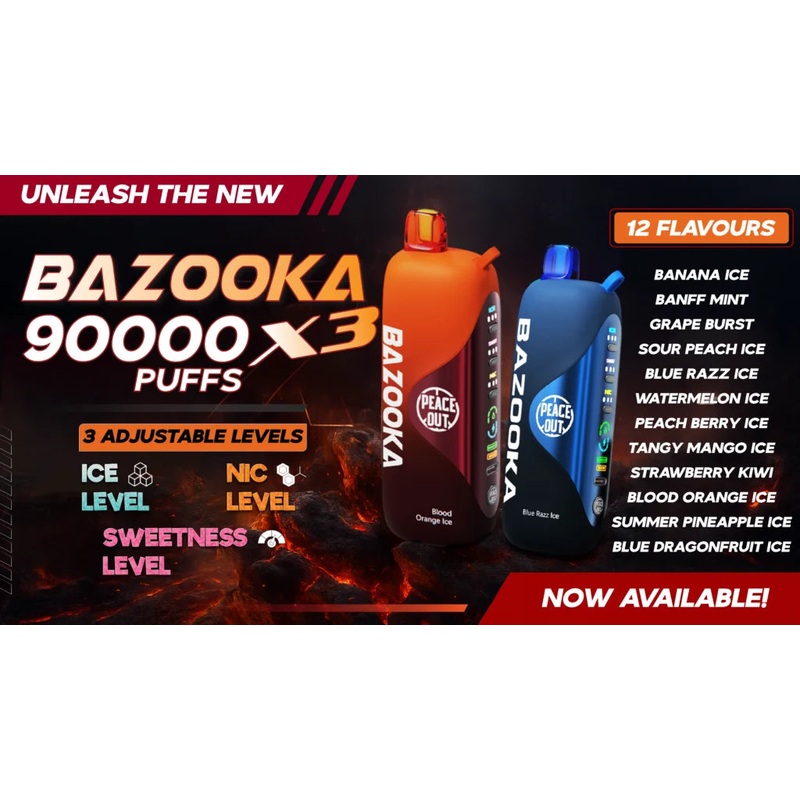 Bazooka 3X 60K – Bold 50|Banana Ice|Banff Mint|Blue Razz Ice|Blue Dragon Fruit Ice|Blood Orange Ice|Grape Burst|Peach Berry Ice|Sour Peach Ice|Strawberry Kiwi|Summer Pineapple Ice|Tangy Mango Ice|Watermelon Ice