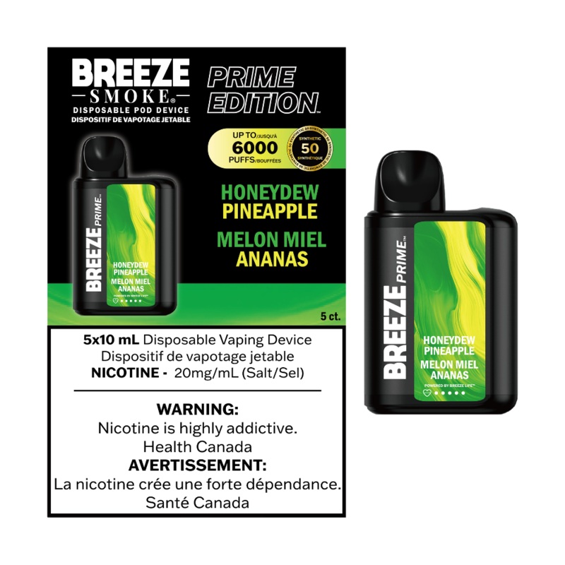 Breeze Prime Edition Disposable Vape – 6000 Puffs – Honeydew Pineapple